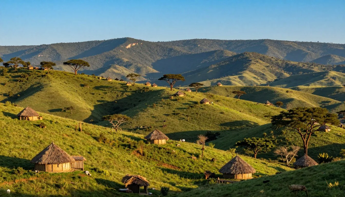 Scenic landscape of Swaziland showcasing rolling hills and traditional homesteads at golden hour
