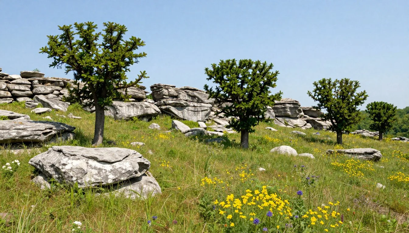 Scenic limestone cedar glades with eastern red cedar trees and native wildflowers at Cedars of Lebanon State Park