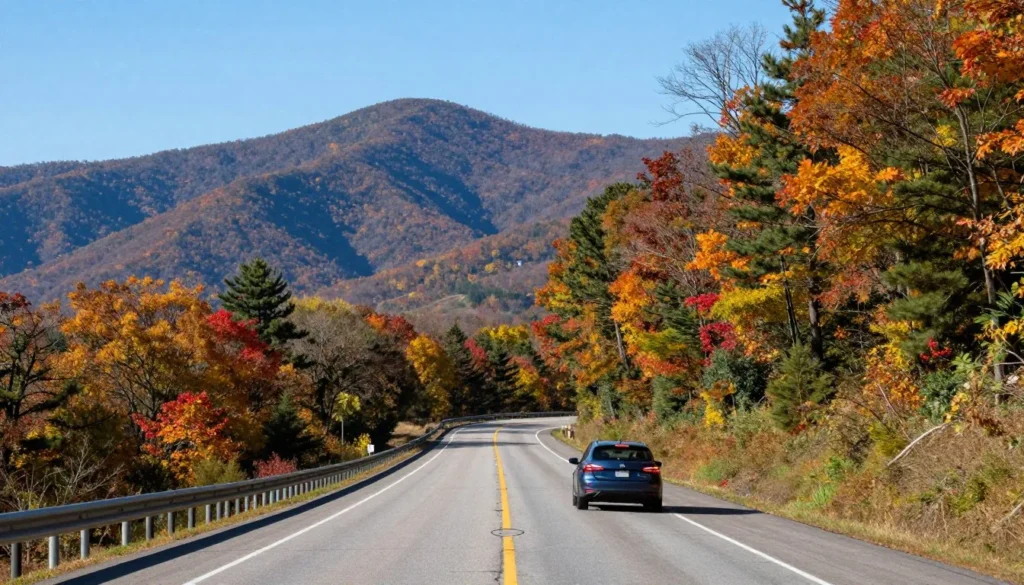 Scenic mountain highway approaching Pigeon Forge Tennessee with autumn foliage