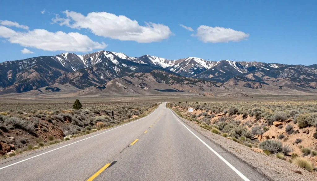 Scenic mountain highway approaching San Luis Valley with distant peaks