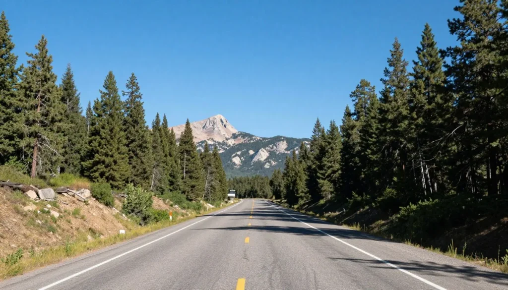 Scenic mountain highway leading to Jordanelle Reservoir with pine forests