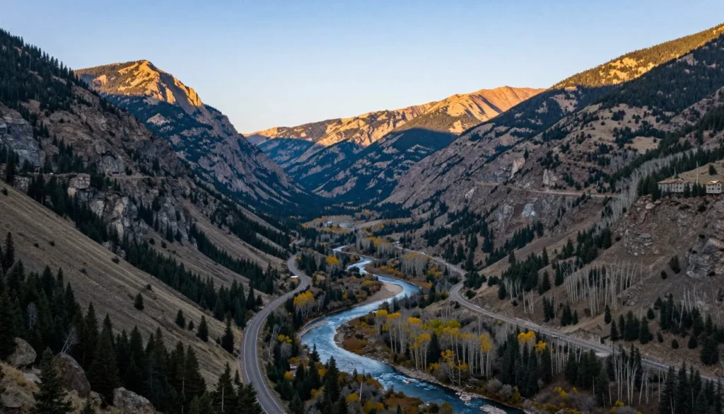 Scenic mountain highway leading to multiple Colorado destinations with valley views