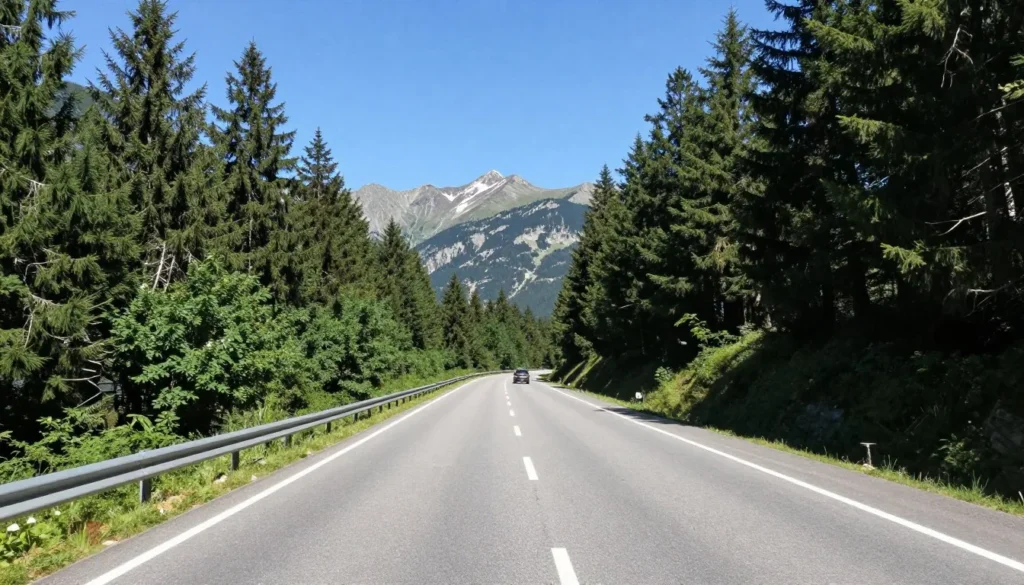 Scenic mountain highway through pine forest with peaks visible Scenic mountain highway through pine forest with peaks visible