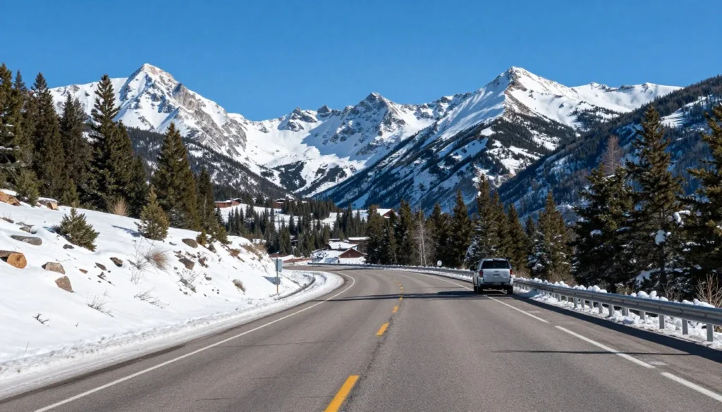 Scenic mountain highway winding through Colorado Rocky Mountains in winter Scenic mountain highway winding through Colorado Rocky Mountains in winter
