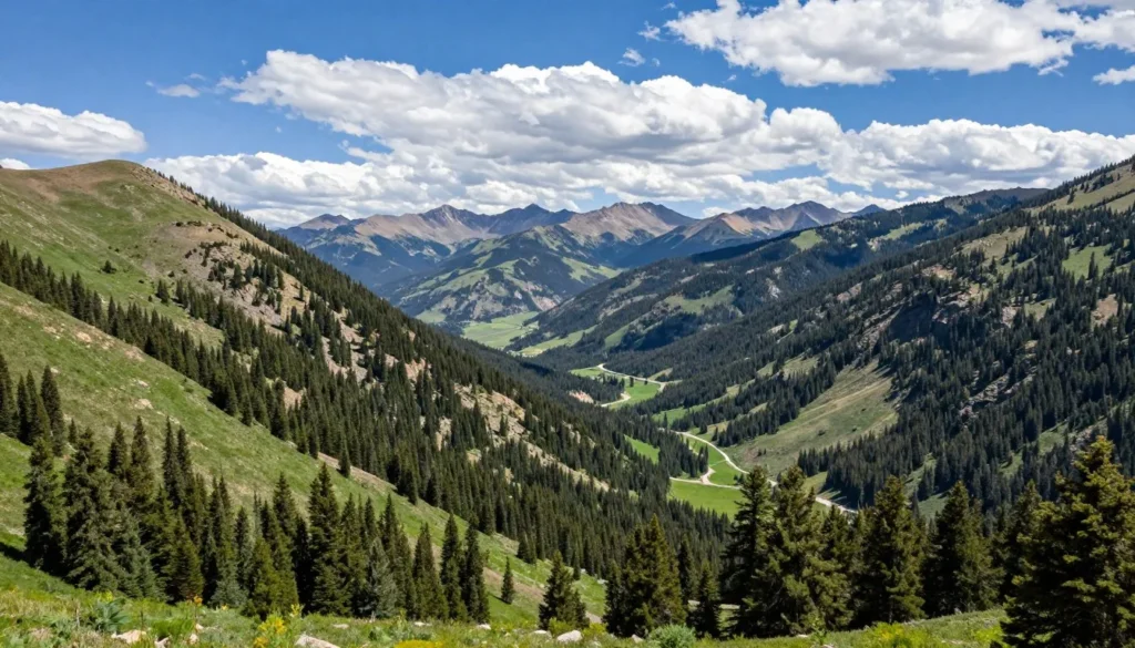 Scenic mountain landscape view of San Juan Mountains Colorado with pine forests