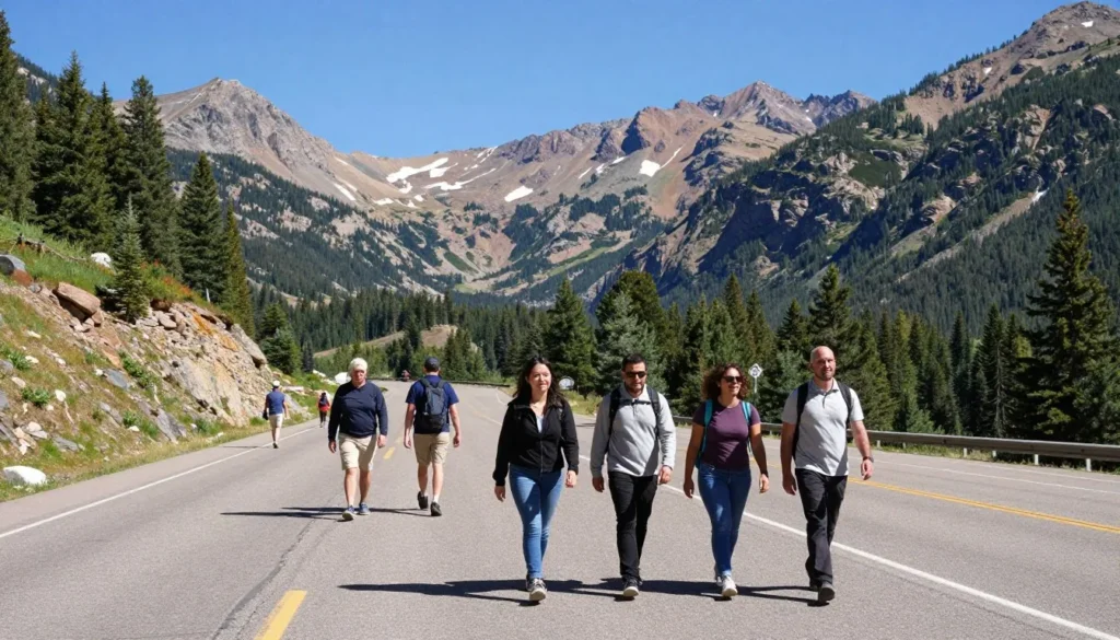 Scenic mountain road approaching La Veta Colorado with diverse travelers Scenic mountain road approaching La Veta Colorado with diverse travelers