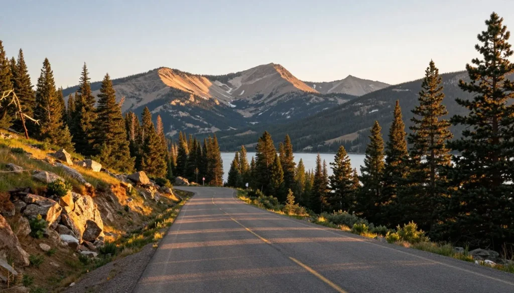 Scenic mountain road approaching Lake Granby area with Rocky Mountains in background during golden hour Scenic mountain road approaching Lake Granby area with Rocky Mountains in background during golden hour