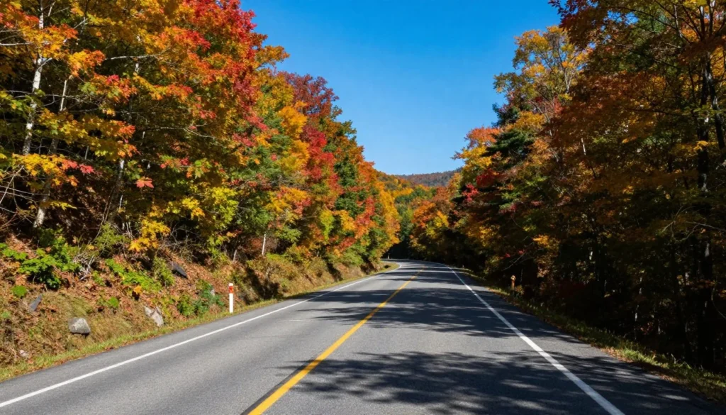 Scenic mountain road in Tennessee with autumn foliage and clean pavement