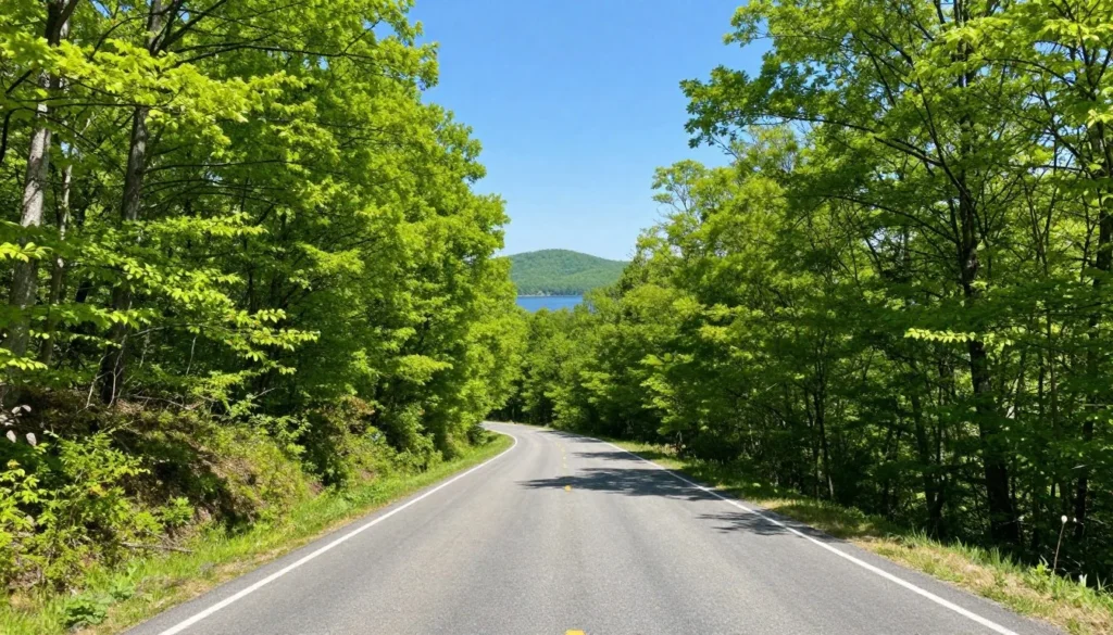 Scenic mountain road leading to Center Hill Lake Tennessee through green forests