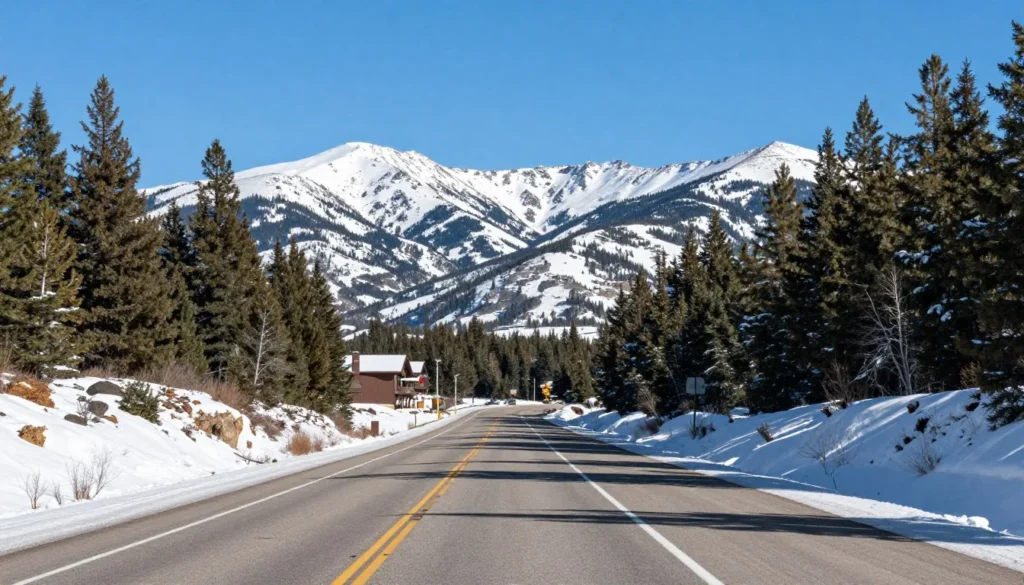 Scenic mountain road leading to Eagle Point Resort Utah with snow-capped peaks in background Scenic mountain road leading to Eagle Point Resort Utah with snow-capped peaks in background