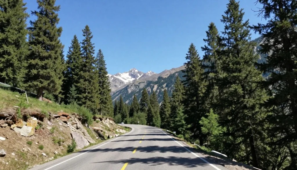 Scenic mountain road leading to Lee Canyon with pine forests and mountain views