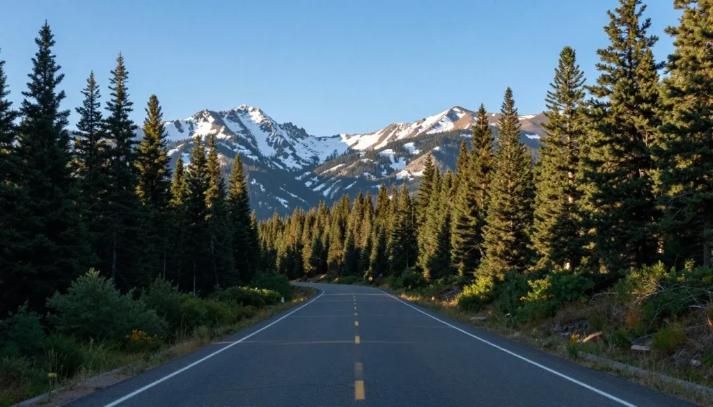 Scenic mountain road winding through pine forest approaching Bountiful Peak area