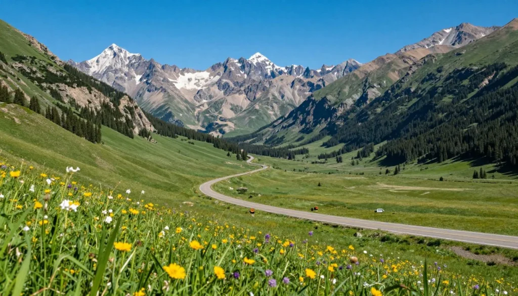 Scenic mountain valley approach to Bear River Range with winding highway through green meadows