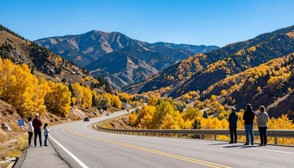 Scenic mountain valley view approaching Heber City with winding road and autumn colors