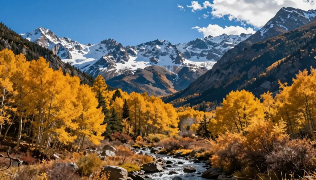 Scenic mountain valley with aspen trees in golden fall colors and snow-capped peaks under blue sky