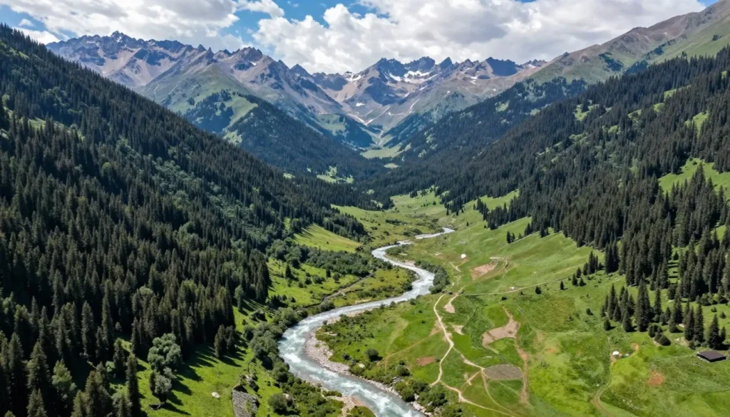 Scenic mountain valley with winding river and forest