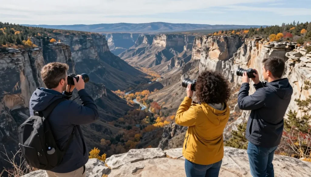Scenic overlook with diverse couple photographing Bear River Range vista