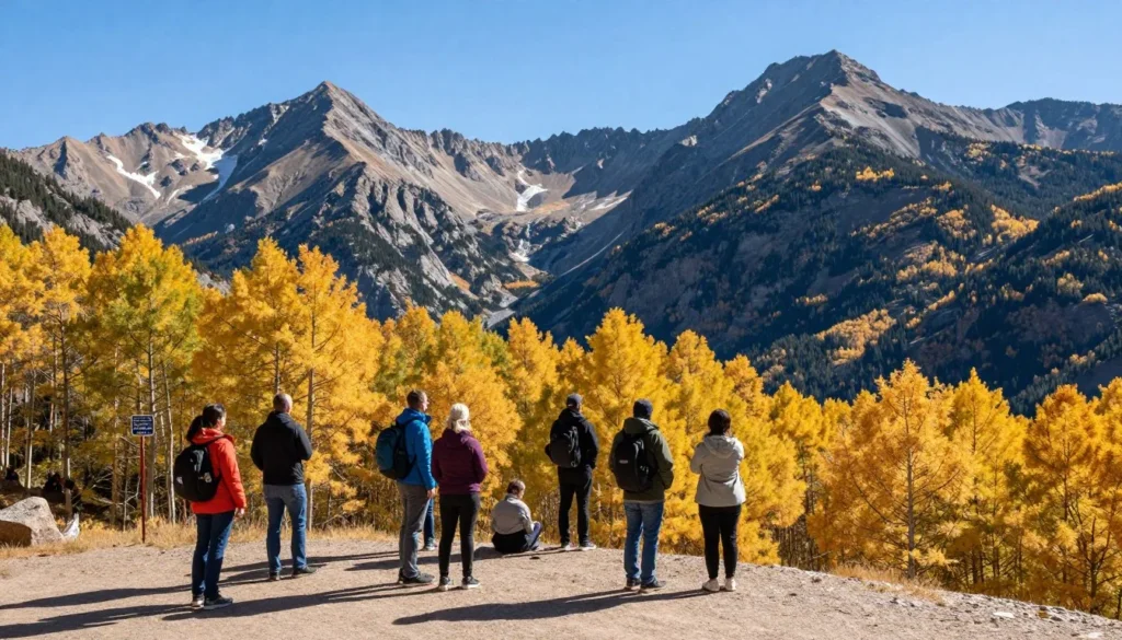 Scenic pullout along Kebler Pass with visitors viewing mountain panorama Scenic pullout along Kebler Pass with visitors viewing mountain panorama