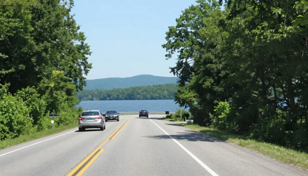 Scenic road along Boone Lake shoreline with cars driving