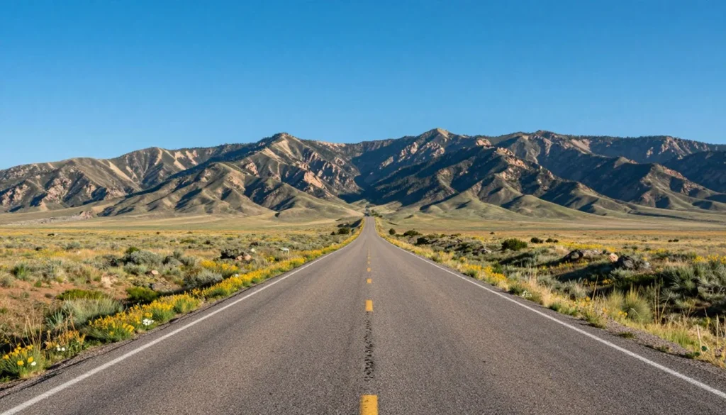 Scenic road through San Luis Valley Colorado with mountain backdrop