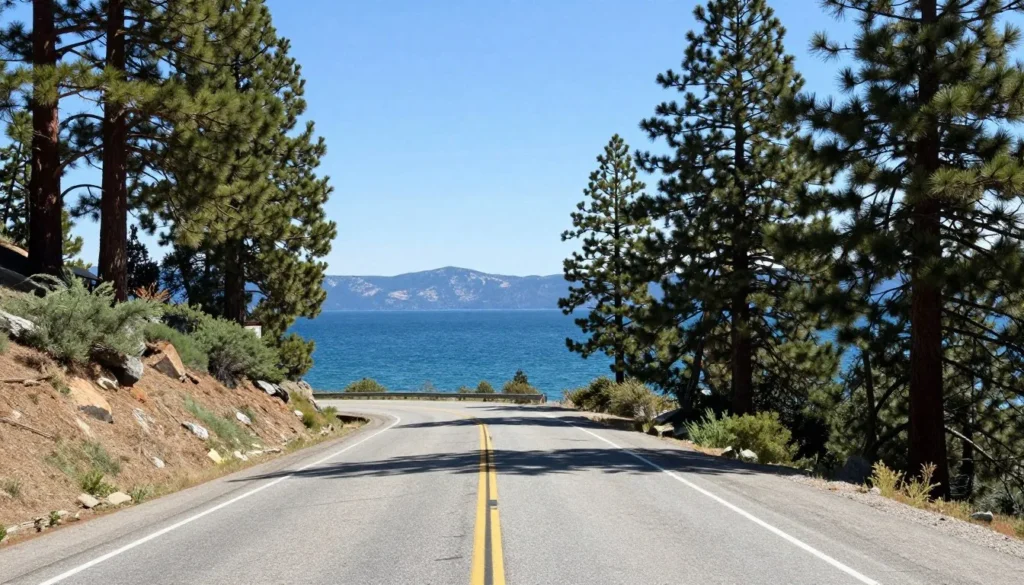 Scenic view along Highway 28 showing Lake Tahoe through pine trees Scenic view along Highway 28 showing Lake Tahoe through pine trees