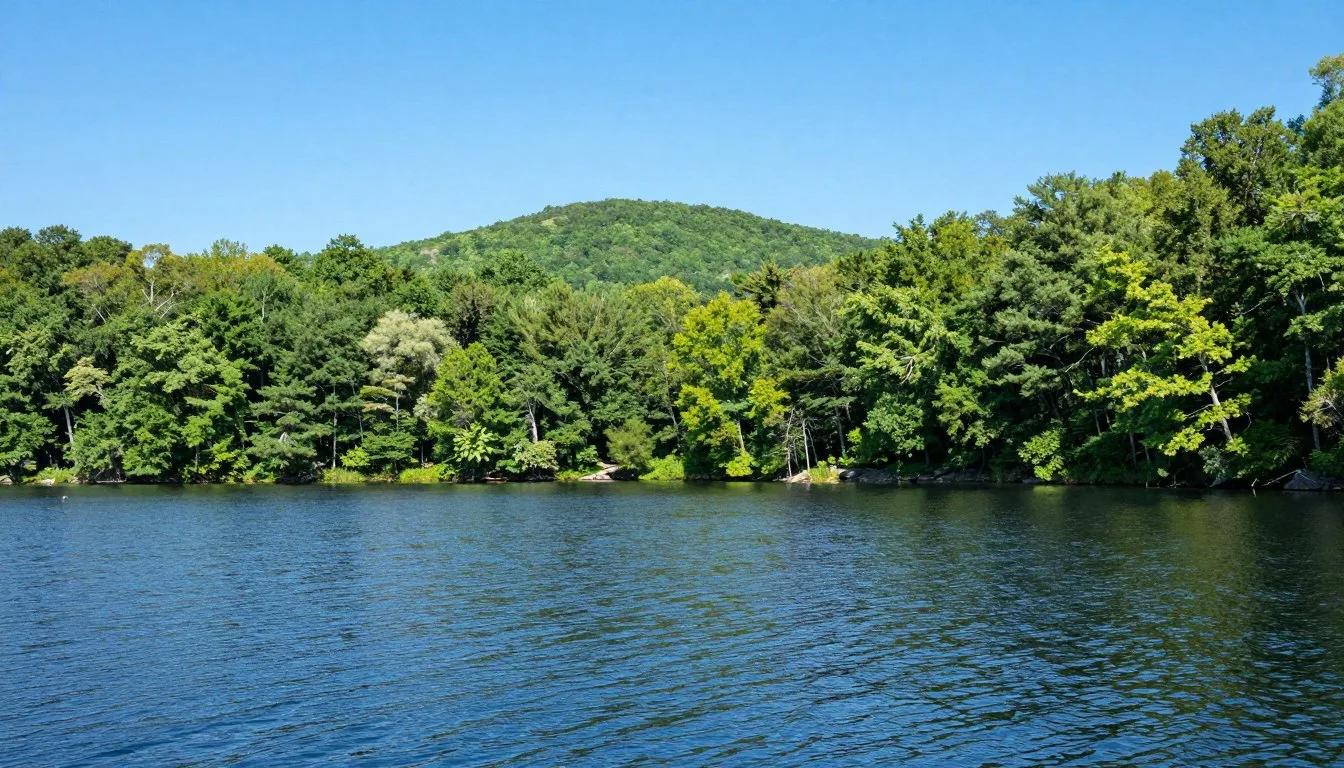 Scenic view of Booker T. Washington State Park with lake waters and forested shoreline