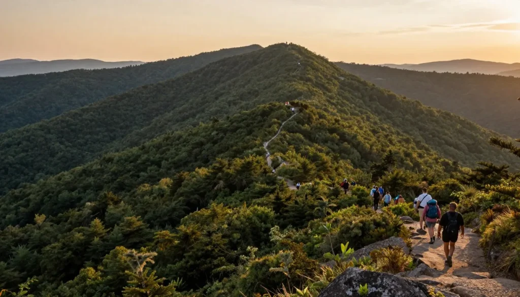 Scenic view of Cherokee National Forest mountains during golden hour with hiking trails visible Scenic view of Cherokee National Forest mountains during golden hour with hiking trails visible