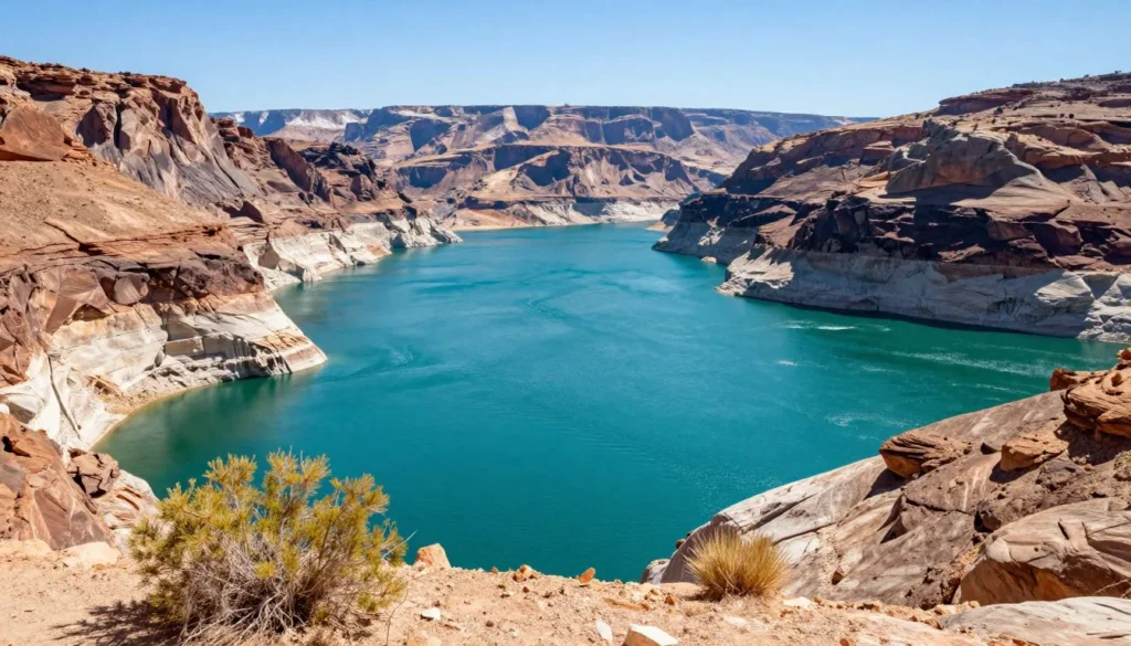 Scenic view of Lake Mead's turquoise waters against rocky desert cliffs under clear blue sky
