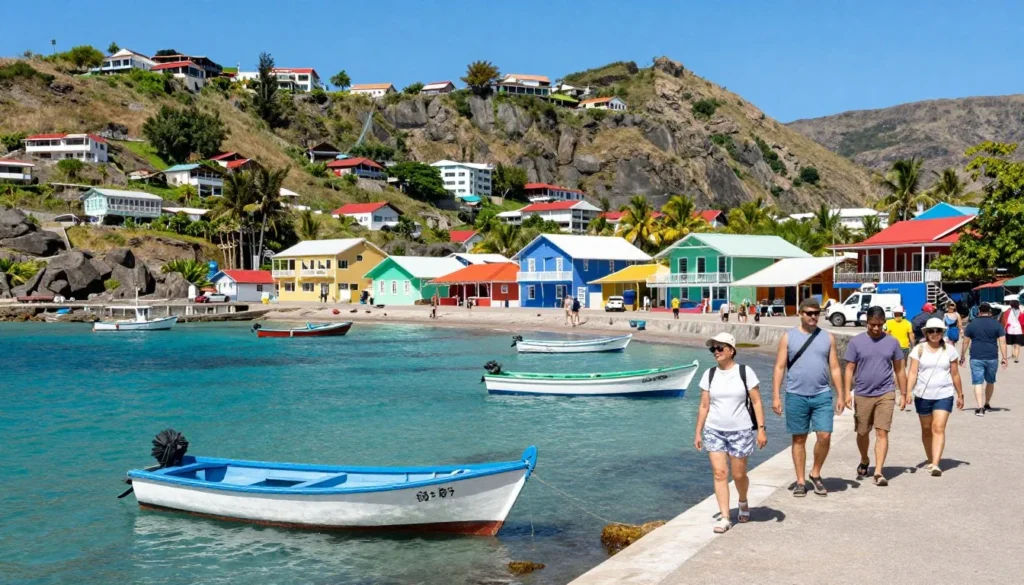 Scenic view of Montserrat harbor and coastal village with colorful buildings