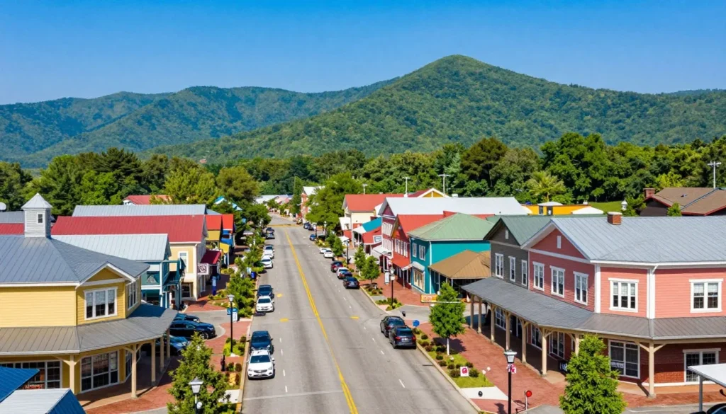 Scenic view of Pigeon Forge entertainment district with mountains in background