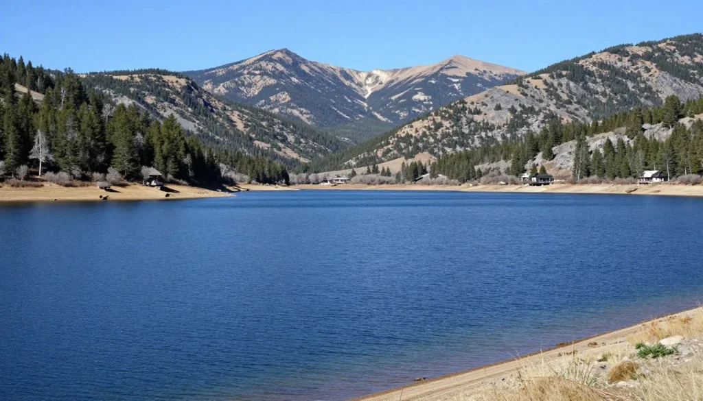 Scenic view of Rifle Gap Reservoir with mountains in background Scenic view of Rifle Gap Reservoir with mountains in background