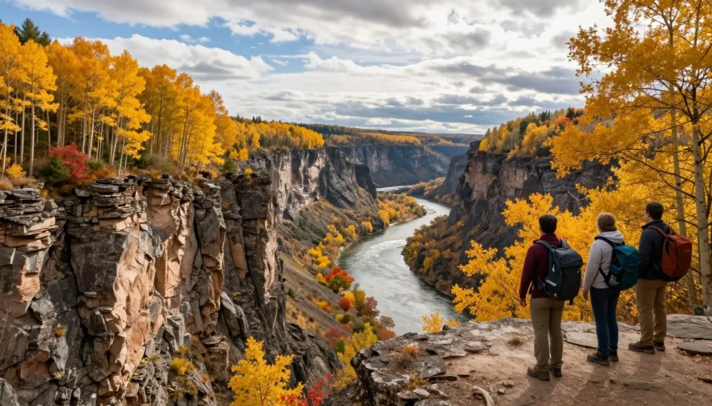 Scenic view of Royal Gorge during autumn with colorful foliage along the canyon rim Scenic view of Royal Gorge during autumn with colorful foliage along the canyon rim