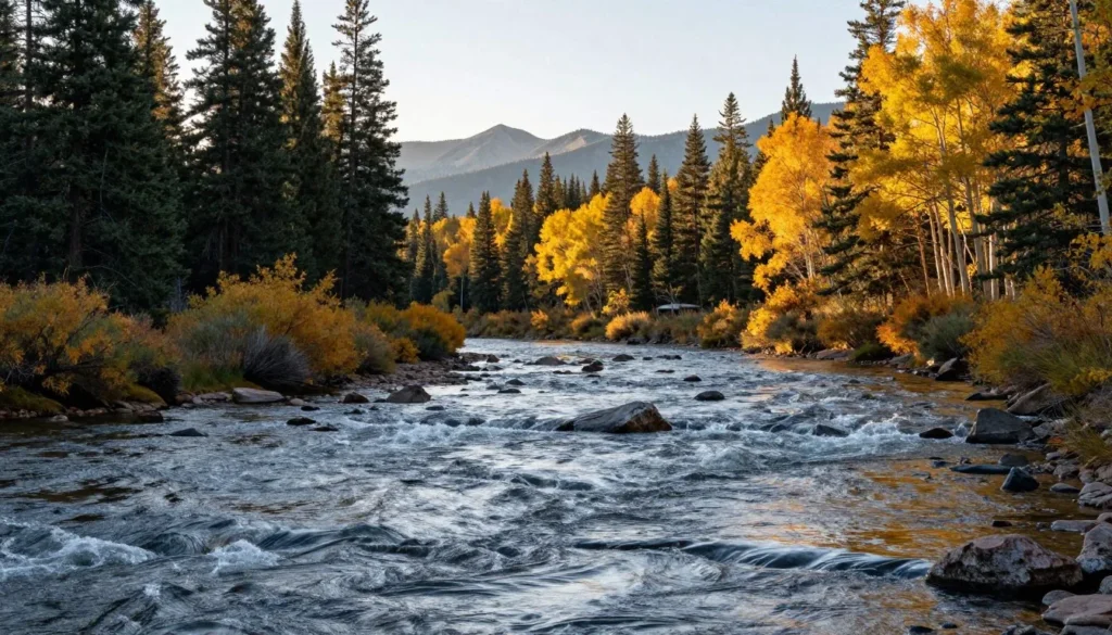 Scenic view of the Colorado River flowing through forested valley near Shadow Mountain Lake