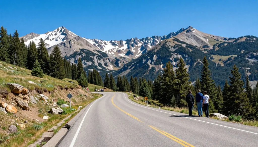 Scenic vista point along Mount Blue Sky road showing winding mountain highway