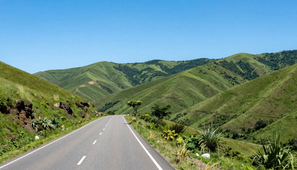 Scenic winding mountain road through Swaziland highlands with lush vegetation Scenic winding mountain road through Swaziland highlands with lush vegetation