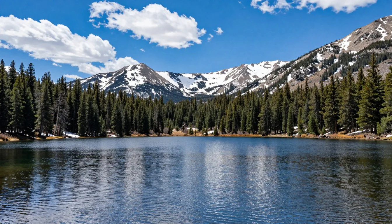 Shadow Mountain Lake with crystal clear waters reflecting snow-capped mountains and pine forests under blue skies
