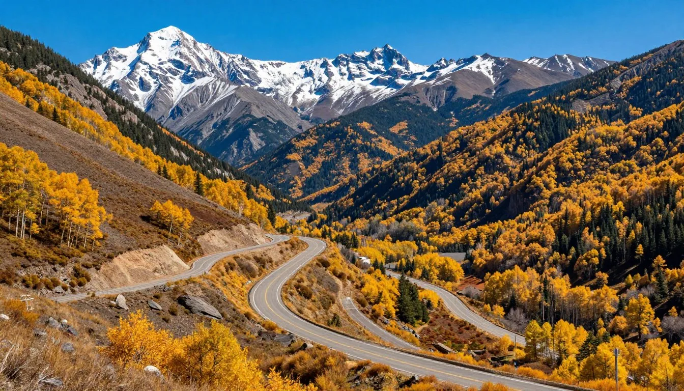 Silver Thread Scenic Byway winding through San Juan Mountains with autumn aspen trees