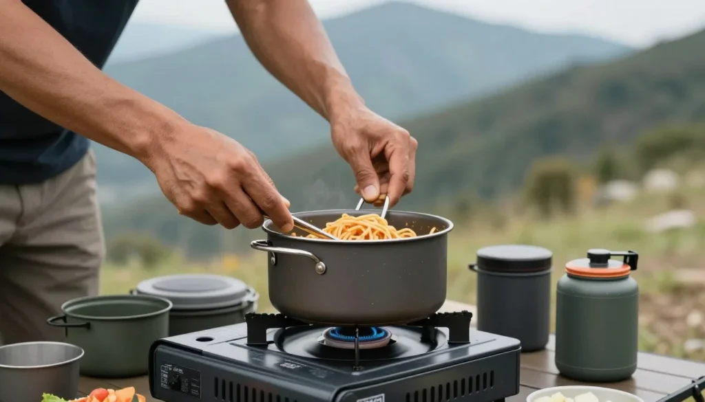 Simple camping meal being prepared at mountain campsite