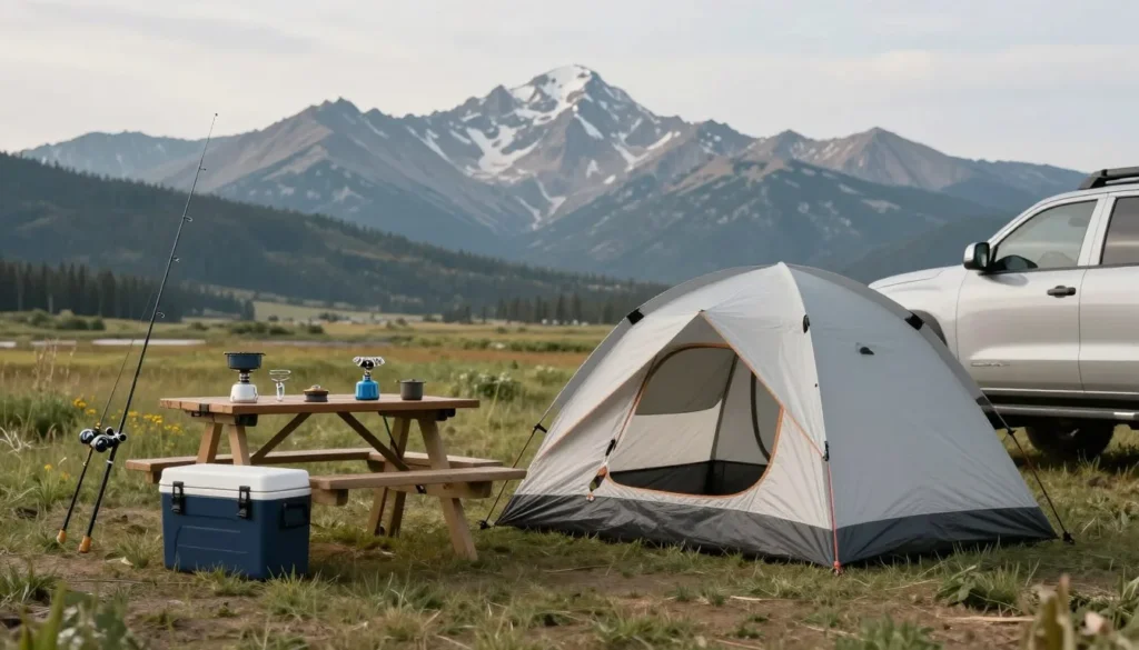 Simple camping setup at Spinney Mountain showing budget-friendly approach Simple camping setup at Spinney Mountain showing budget-friendly approach