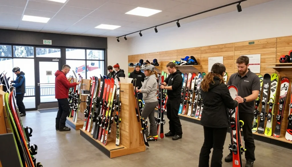 Ski equipment rental shop interior with diverse customers being fitted by staff Ski equipment rental shop interior with diverse customers being fitted by staff