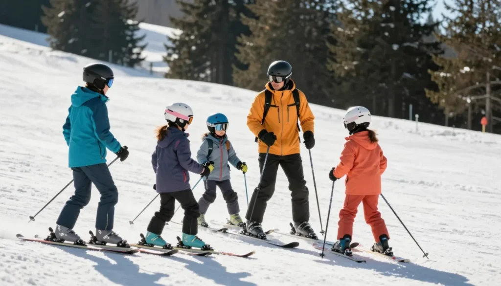 Ski instructor teaching diverse group of beginners on gentle slope at Lee Canyon