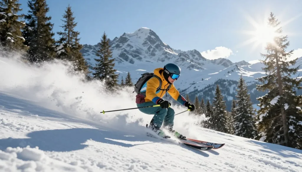 Skier carving through fresh powder snow with mountain peaks background