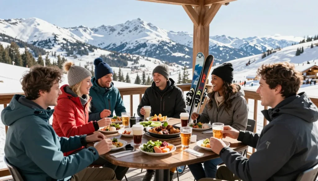 Skiers enjoying lunch break with mountain views at Loveland Ski Area Skiers enjoying lunch break with mountain views at Loveland Ski Area