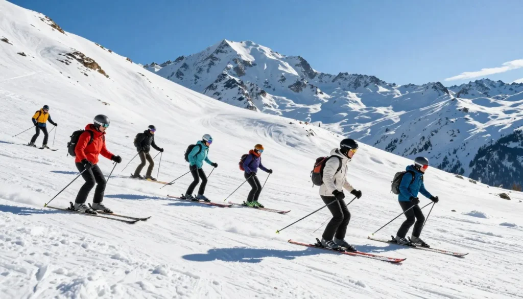 Skiers following mountain safety guidelines Skiers following mountain safety guidelines