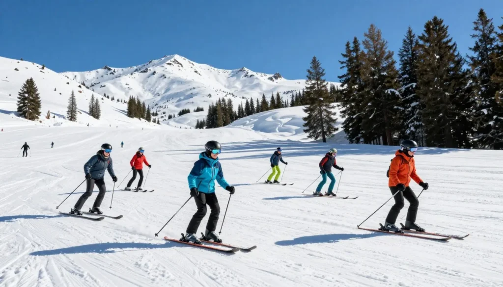 Skiers on Granby Ranch slopes enjoying powder Skiers on Granby Ranch slopes enjoying powder
