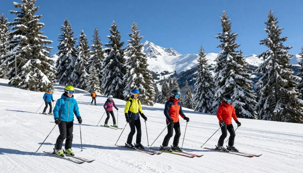 Skiers on snowy mountain slopes with blue sky