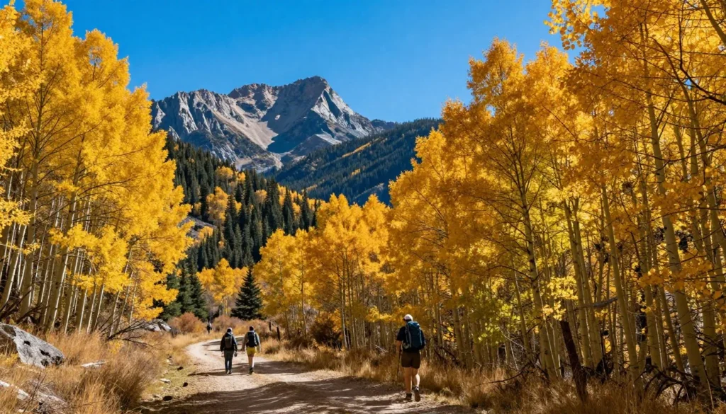 Slaughterhouse Gulch trail in autumn with golden aspen trees Slaughterhouse Gulch trail in autumn with golden aspen trees
