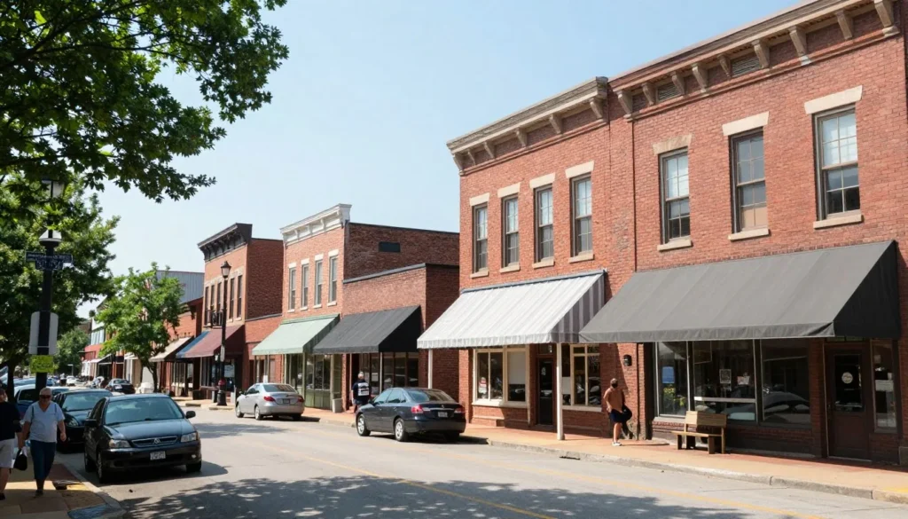 Small Tennessee town main street with historic buildings and local shops