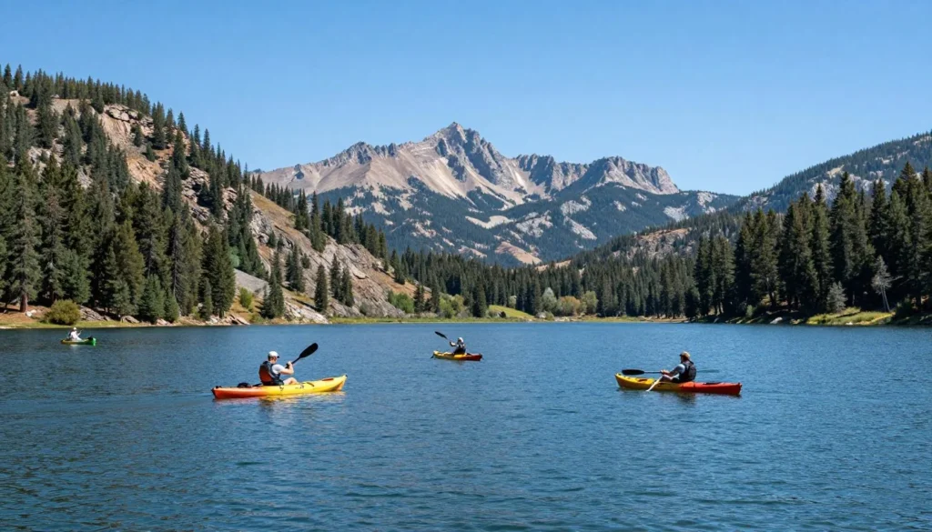 Small boats and kayaks on calm waters of Jordanelle Reservoir with mountain scenery