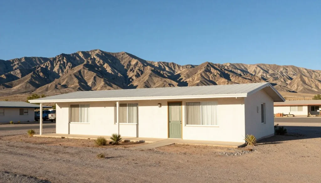 Small comfortable motel exterior in Goldfield Nevada with desert mountains in background Small comfortable motel exterior in Goldfield Nevada with desert mountains in background